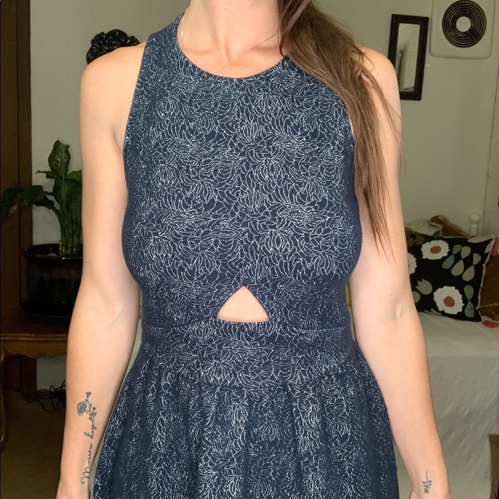 Blue metallic silver floral cutout mini dress
